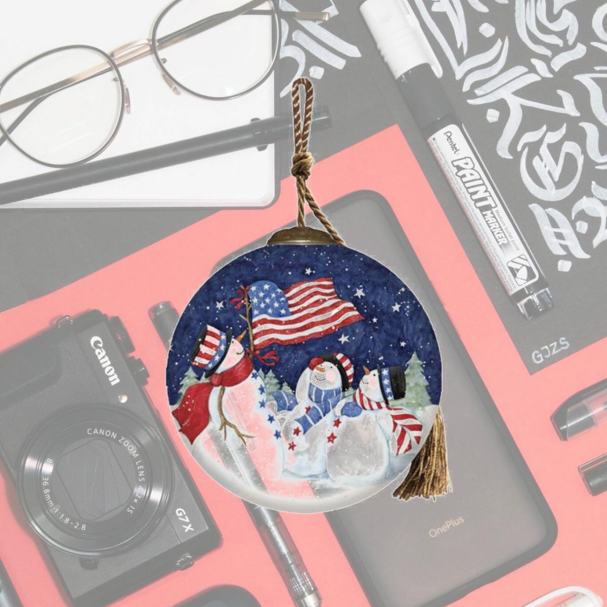 Picture of HomeRoots 477549 Three Snowman & An American Flag Hand Painted Mouth Blown Glass Ornament&#44; Multi Color
