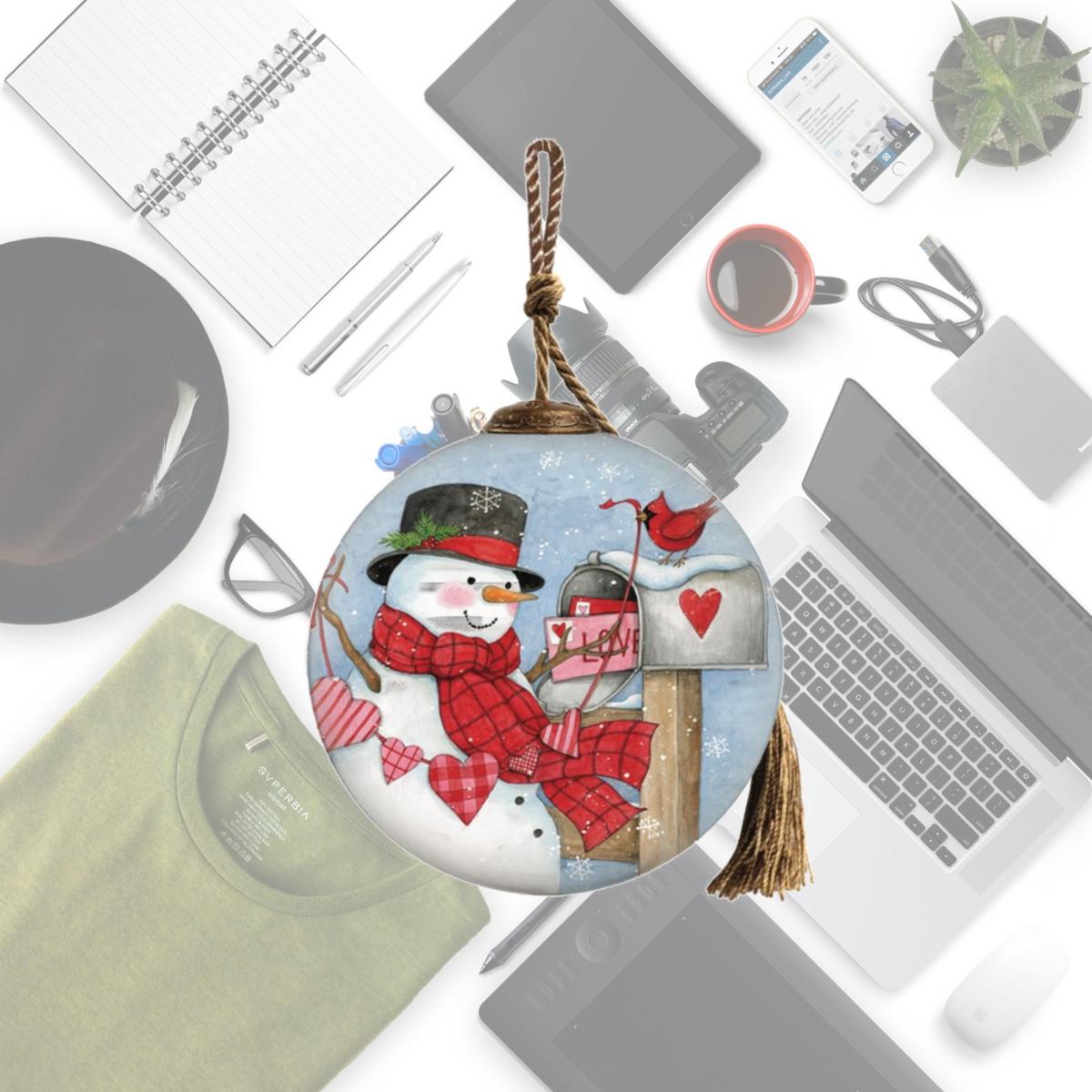 Picture of HomeRoots 477550 Valentine Snowman Hand Painted Mouth Blown Glass Ornament, Multi Color