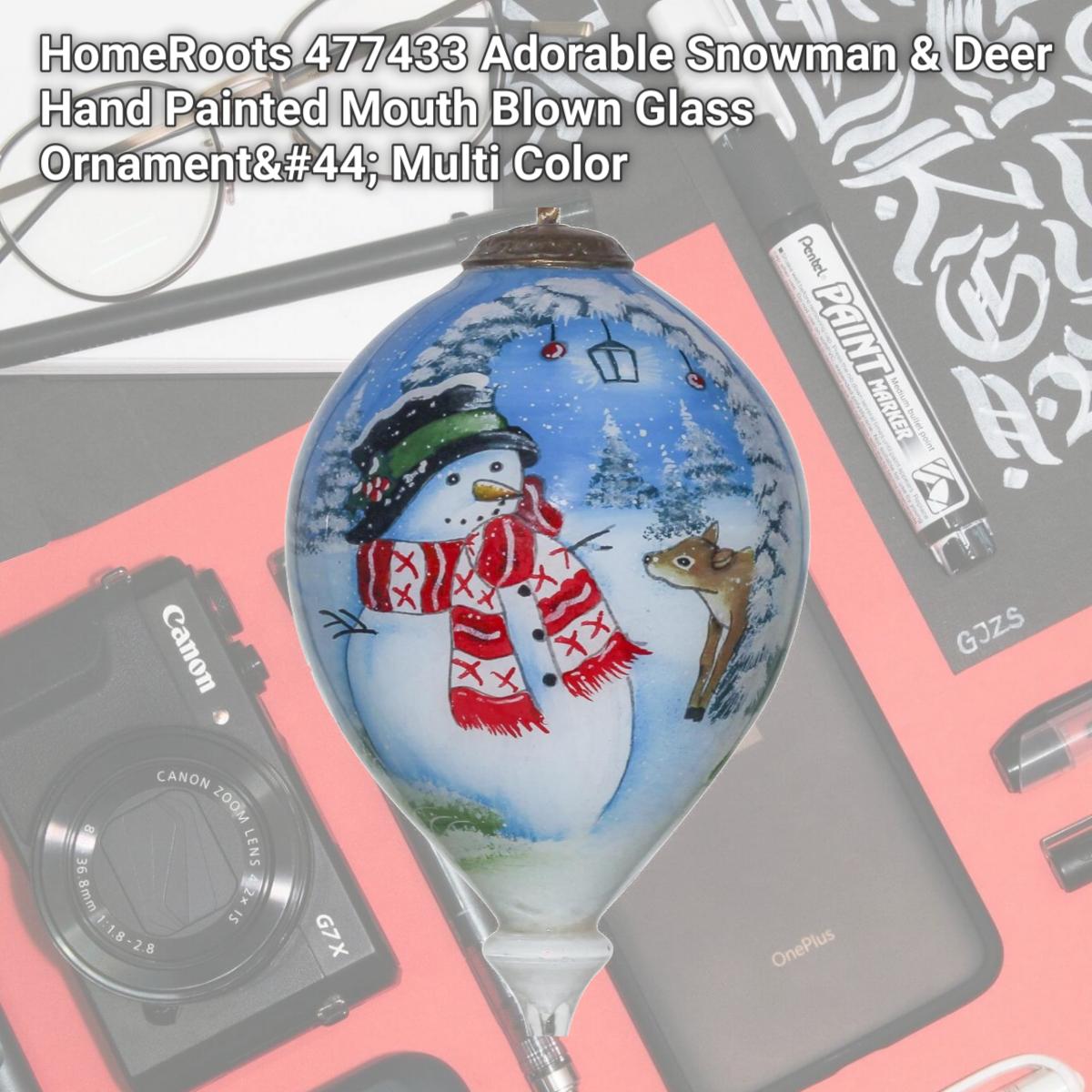 Picture of HomeRoots 477433 Adorable Snowman & Deer Hand Painted Mouth Blown Glass Ornament&#44; Multi Color