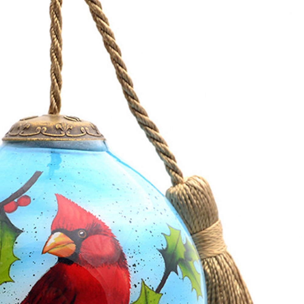 Picture of HomeRoots 477434 Cardinal on Christmas Holly Branches Hand Painted Mouth Blown Glass Ornament, Red