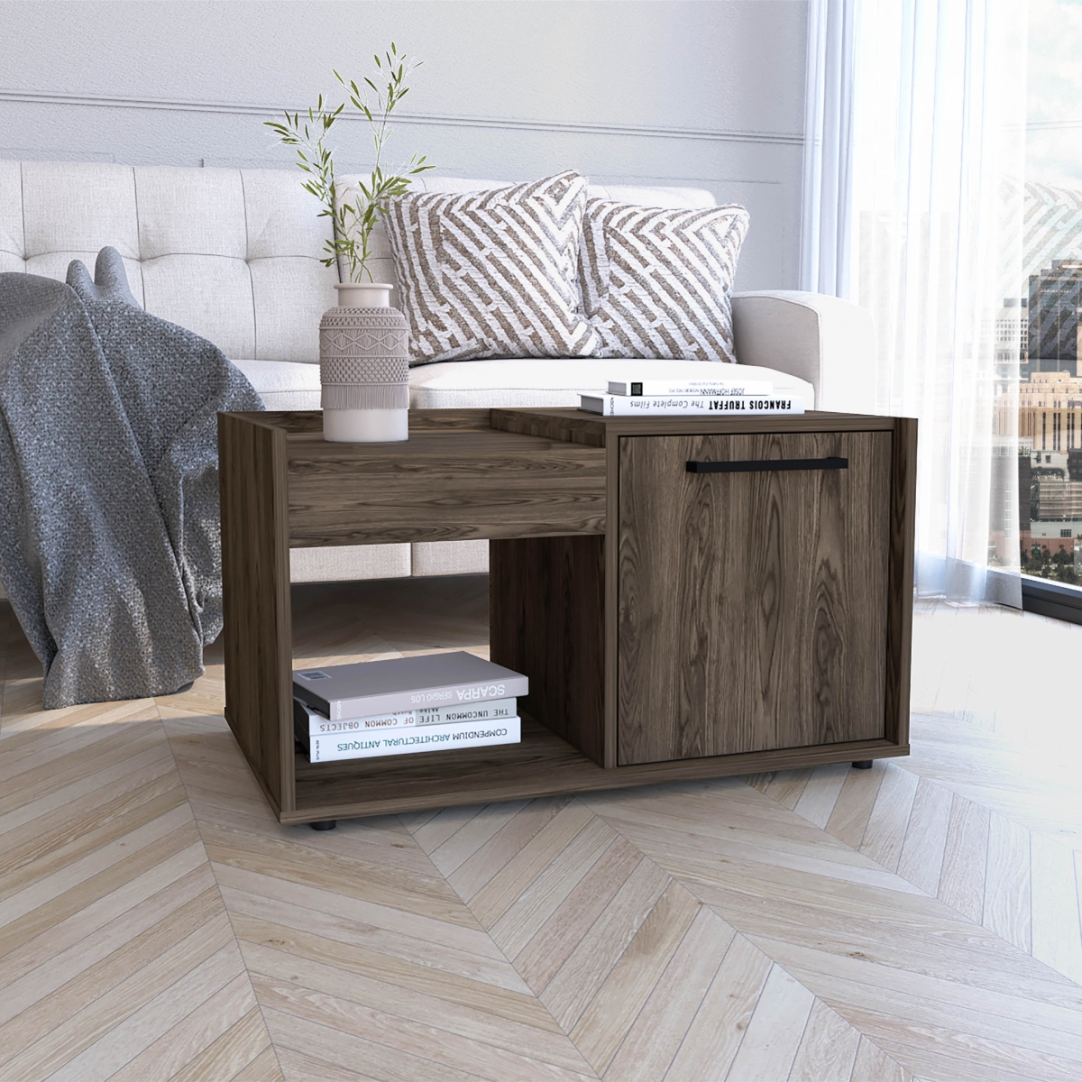 32 in. Manufactured Wood Rectangular Coffee Table with Shelf, Dark Walnut