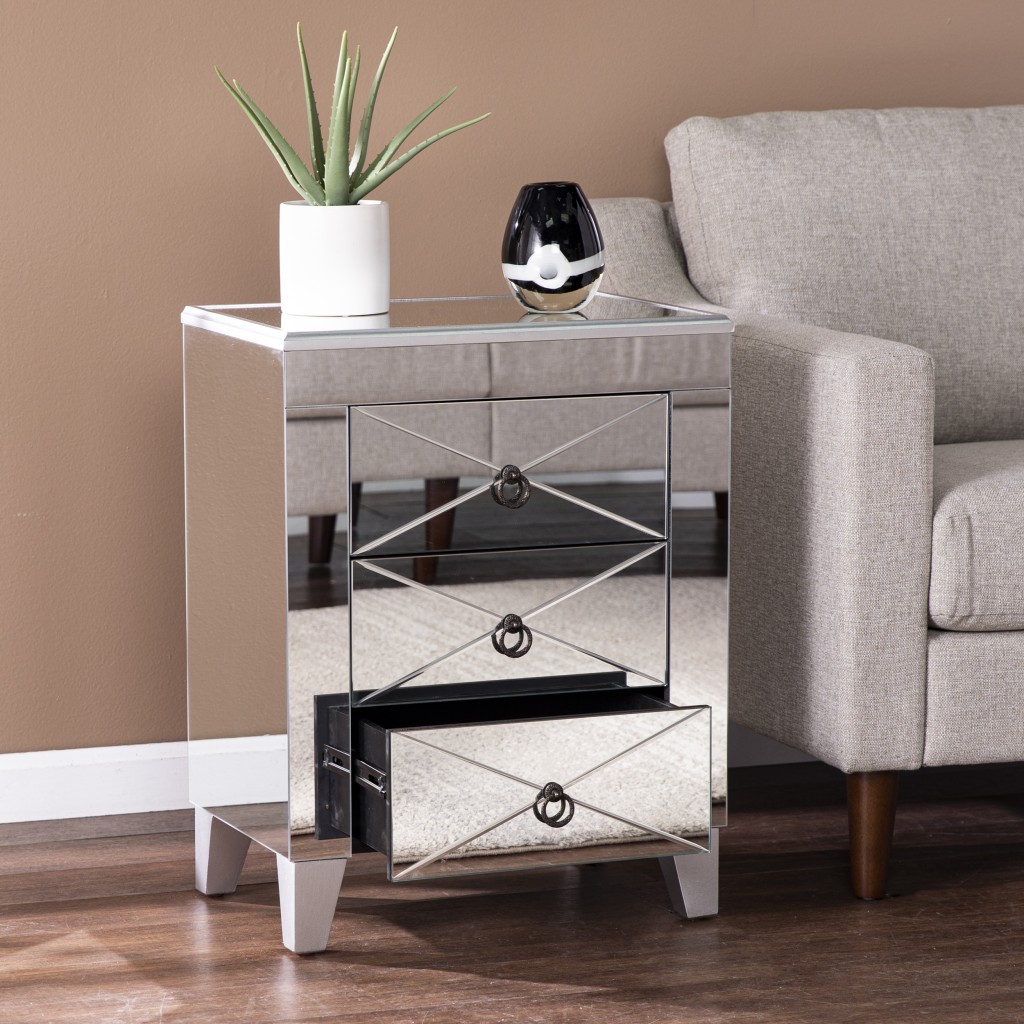 26 in. Manufactured Wood & Iron Rectangular Mirrored End Table with Three Drawers And, Silver