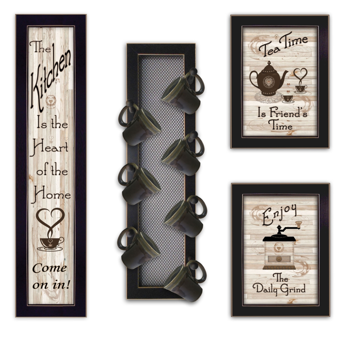 Picture of HomeRoots 405958 10 x 32 x 3 in. Come On In 2 Black Framed Kitchen Wall Prints with Mug Rack - Set of 4
