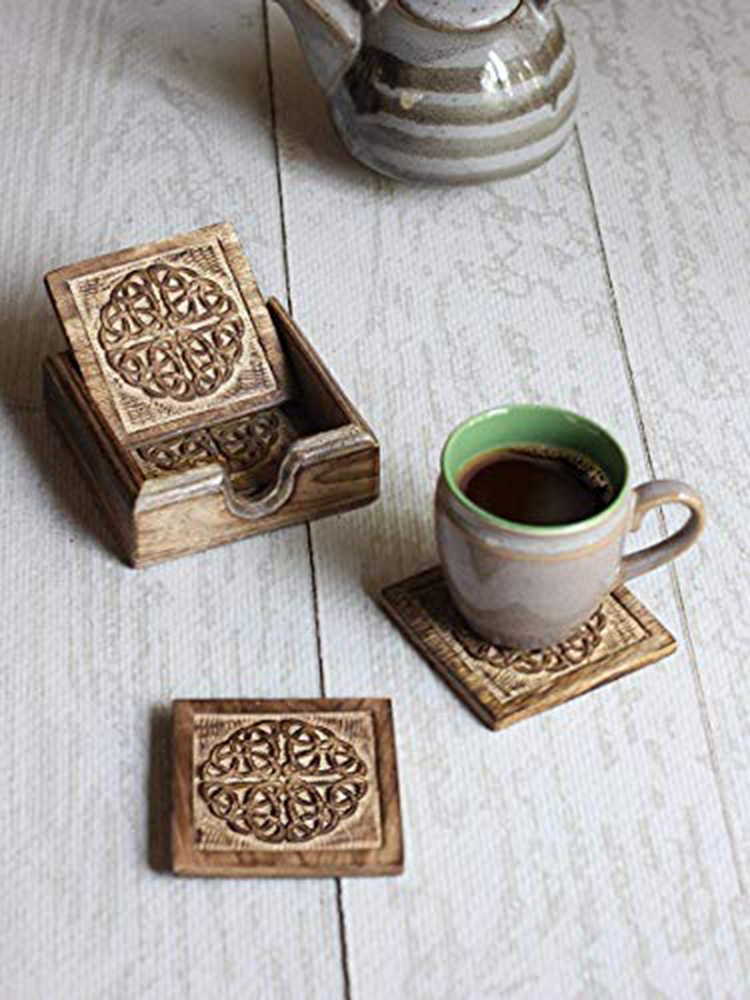Picture of Odash IE-HS3332 Handmade Wooden Coasters Absorbent Cool Drink Coasters with Celtic Circle Holder Unique Bar Decor Accessories - 4 Piece