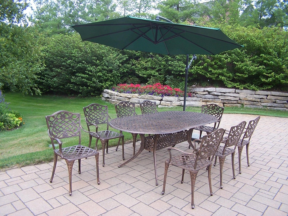 Oakland Living 2105-2112-4110-gn-10-ab Mississippi Cast Aluminum 82 X 42 In. Oval 9 Piece Dining Set With 10 Ft. Cantilever Umbrella - Antique Bronze