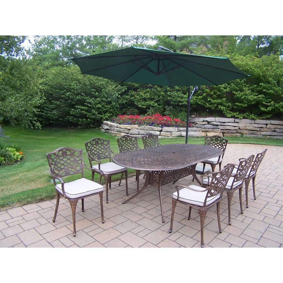 Oakland Living Mississippi Cast Aluminum 82 X 42 In. Oval 9 Piece Dining Set With Cushions & Cantilever Umbrella - Antique Bronze