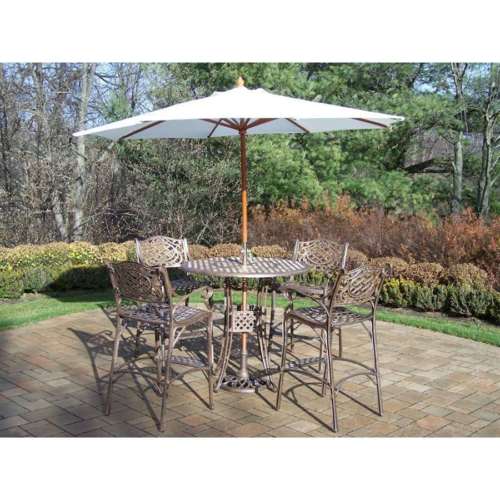 Oakland Living Elite Mississippi Cast Aluminum 42 In. 5 Piece Of Bar Set With 42 In. Table, 9 Ft. Umbrella & Stand - Antique Bronze