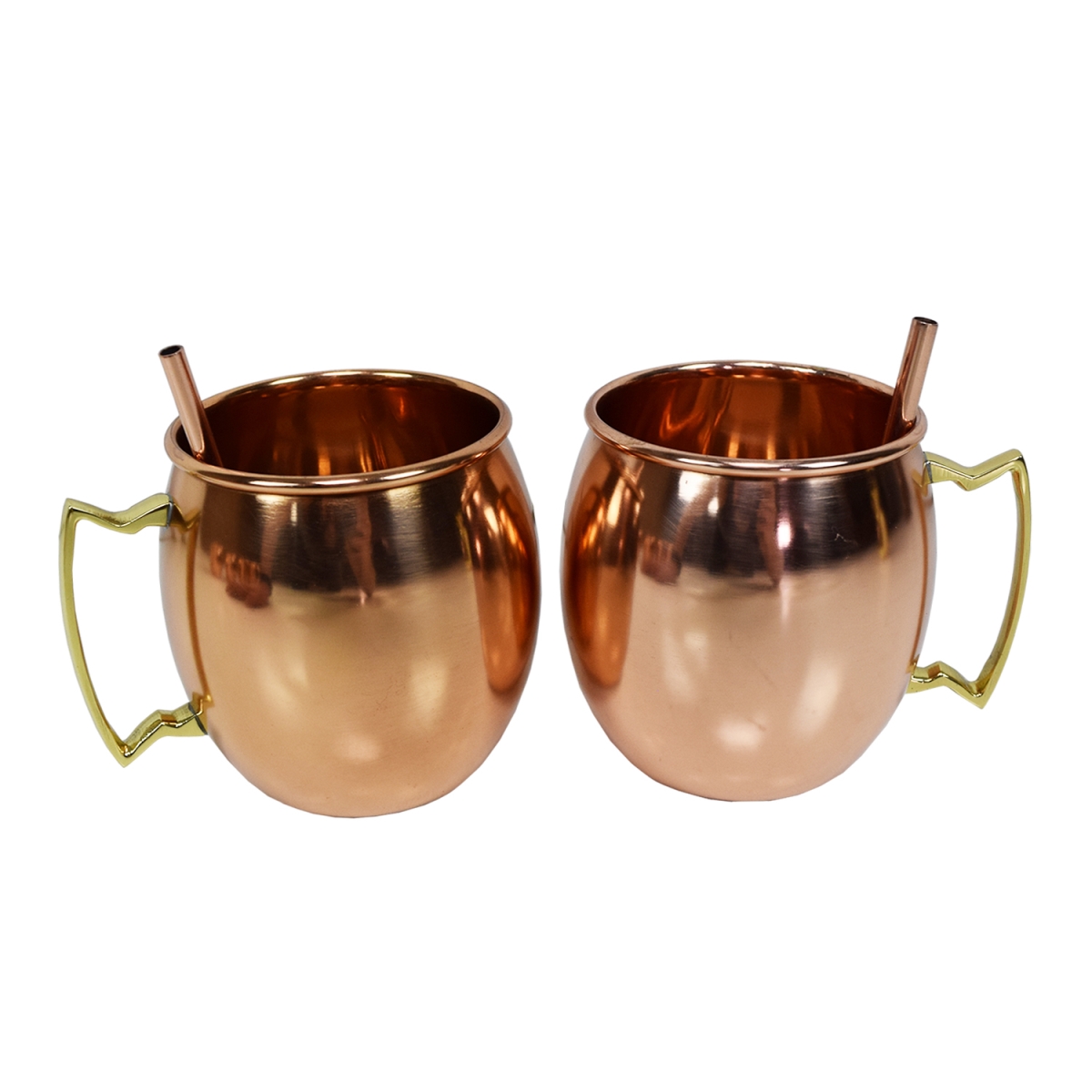 Oakland Living Zmug-smooth-round-co 17 Oz Solid Round Pair Of 100 Percent Moscow Mule Mug Cups With Two Copper Straws Smooth Handcrafted, Copper