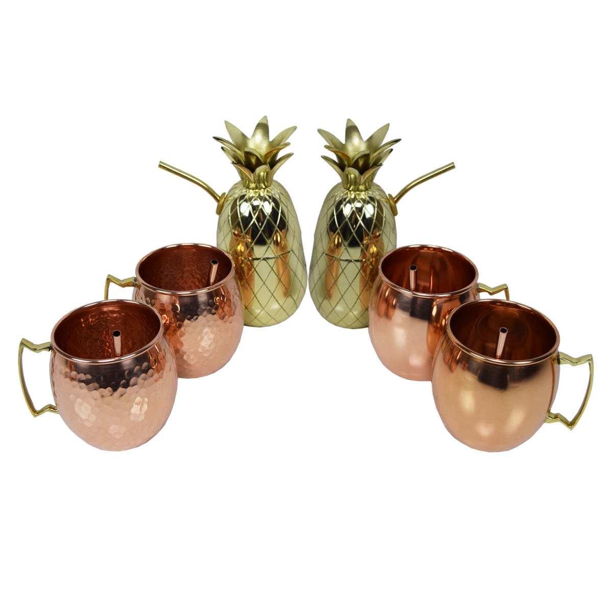 Oakland Living Zmug-ham-smooth-pine-6-co-gd 17 Oz 100 Percent Copper Moscow Mule Mug Cups & Two 16 Oz Brass Pineapple Cup Shakers - 6 Piece