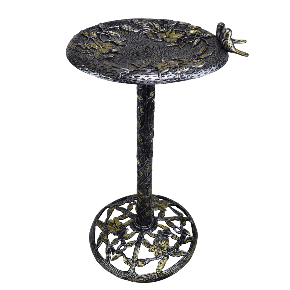 Oakland Living 34 In. Handmade Solid Heavy Tall Black & Gold Cast Aluminum High Quality Metal Bird Bath With Twin Singing Birds, Antique Silver