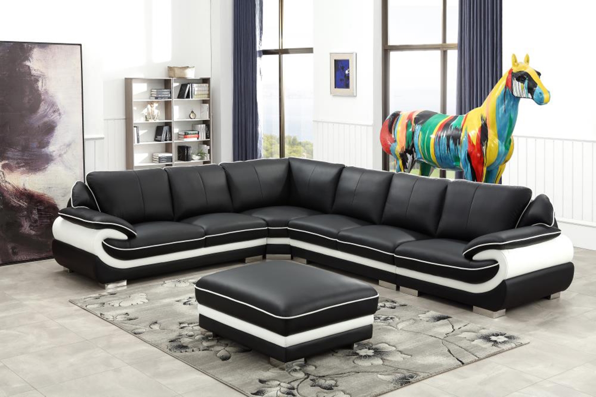 Oakland Living T777b-sec-otto-bk Modern Contemporary Real Leather Sectional Living Room Furniture Set With Ottoman, Black & White
