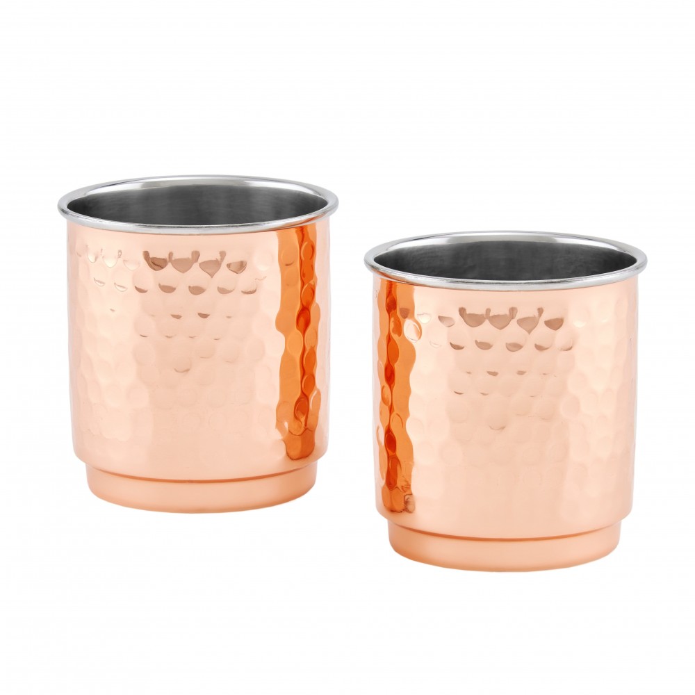 2p537h 11 Oz Two-ply Whiskey Tumblers - Hammered Copper & Stainless Steel Set Of 2