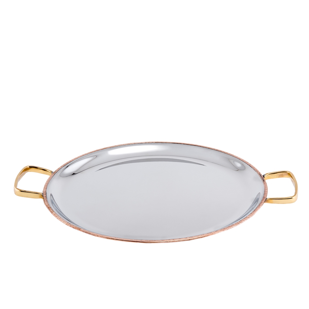 11 In. Two-ply Embossed Pattern Base Flat Tray With Brass Handles - Solid Copper & Stainless Steel