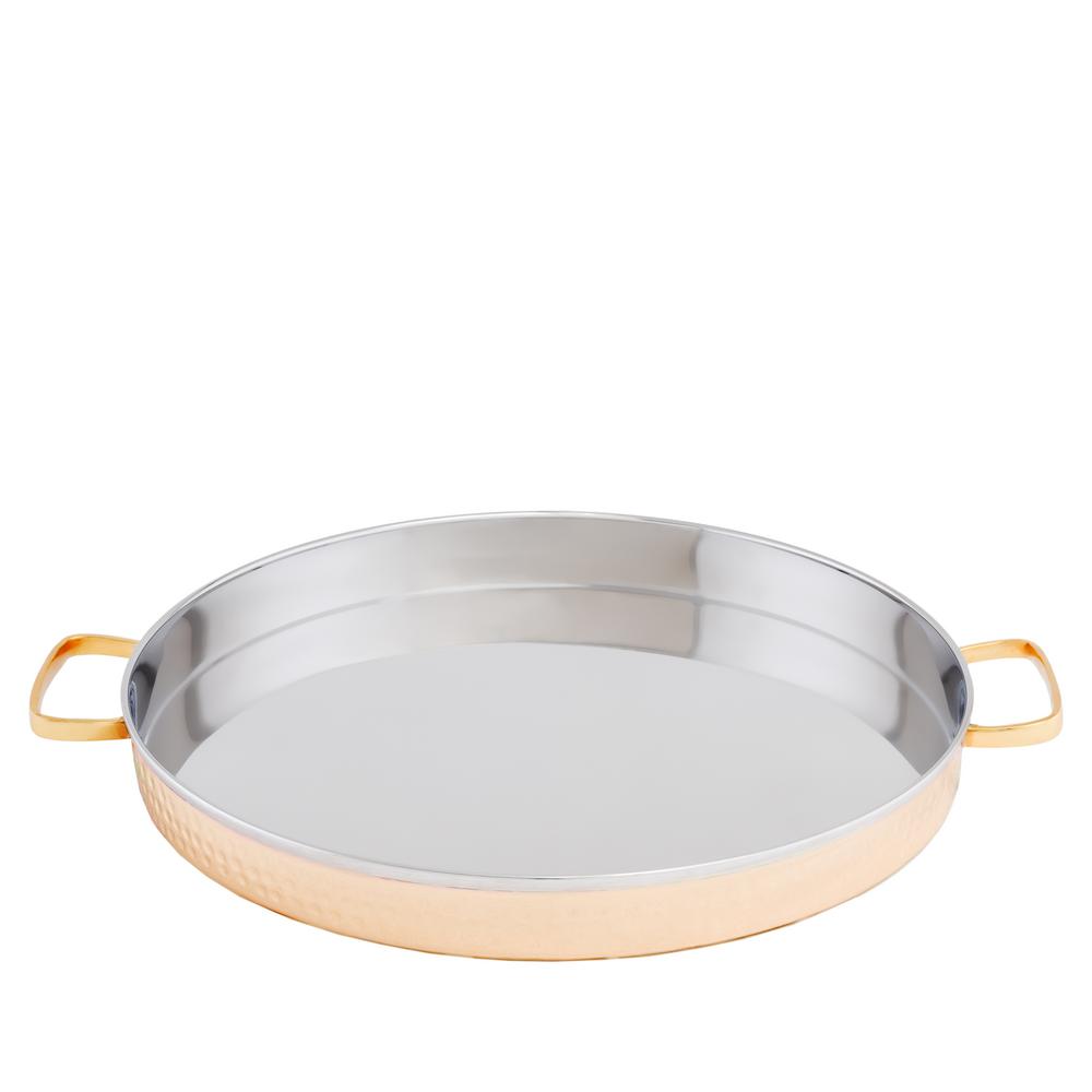 12 In. Two-ply Hammered Round Tray With Brass Handles - Solid Coper & Stainless Steel