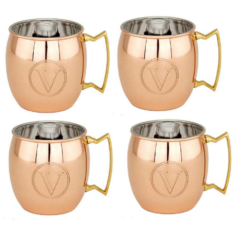 16 Oz Monogrammed V Moscow Mule Mugs - Solid Copper Set Of 4