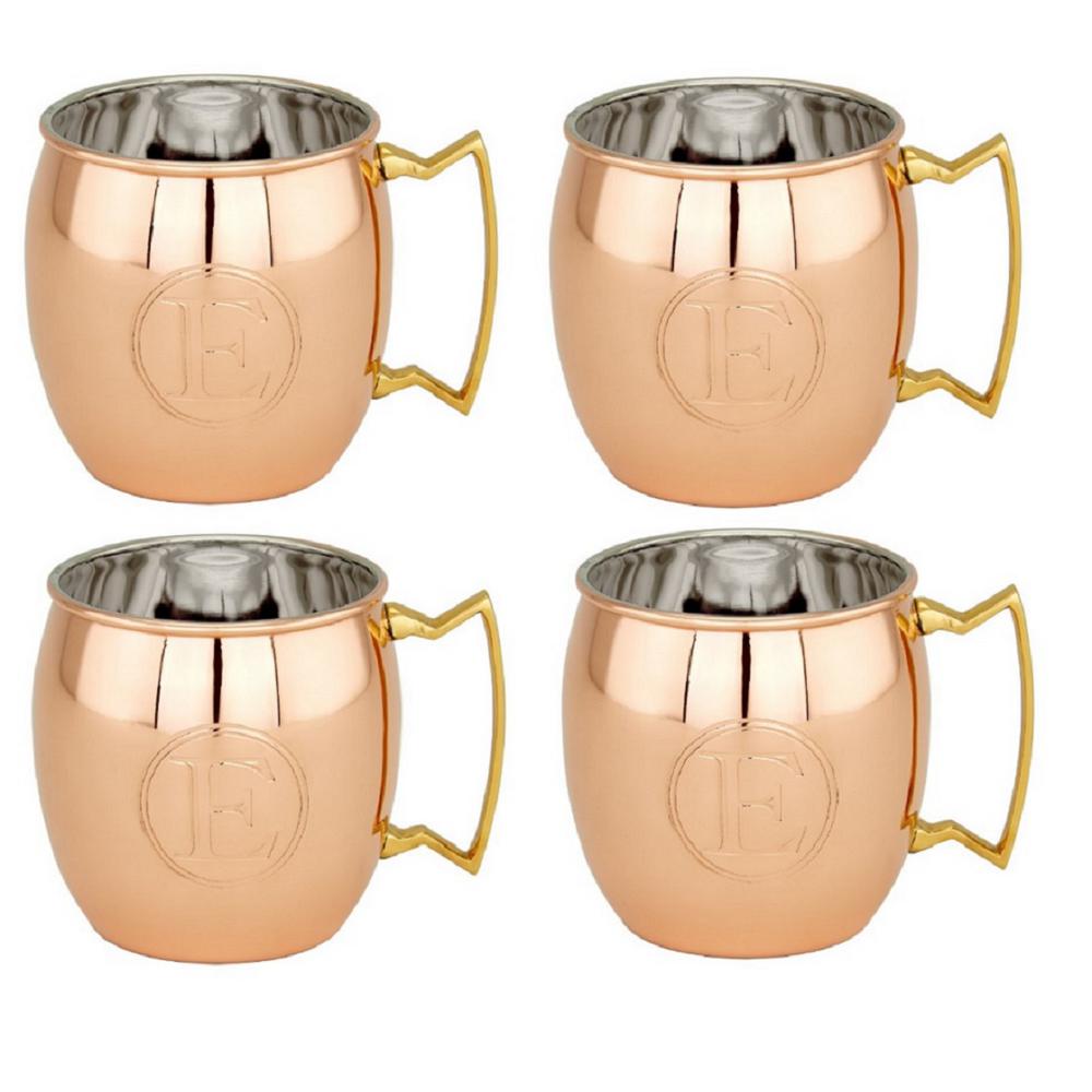 16 Oz Monogrammed E Moscow Mule Mugs - Solid Copper Set Of 4