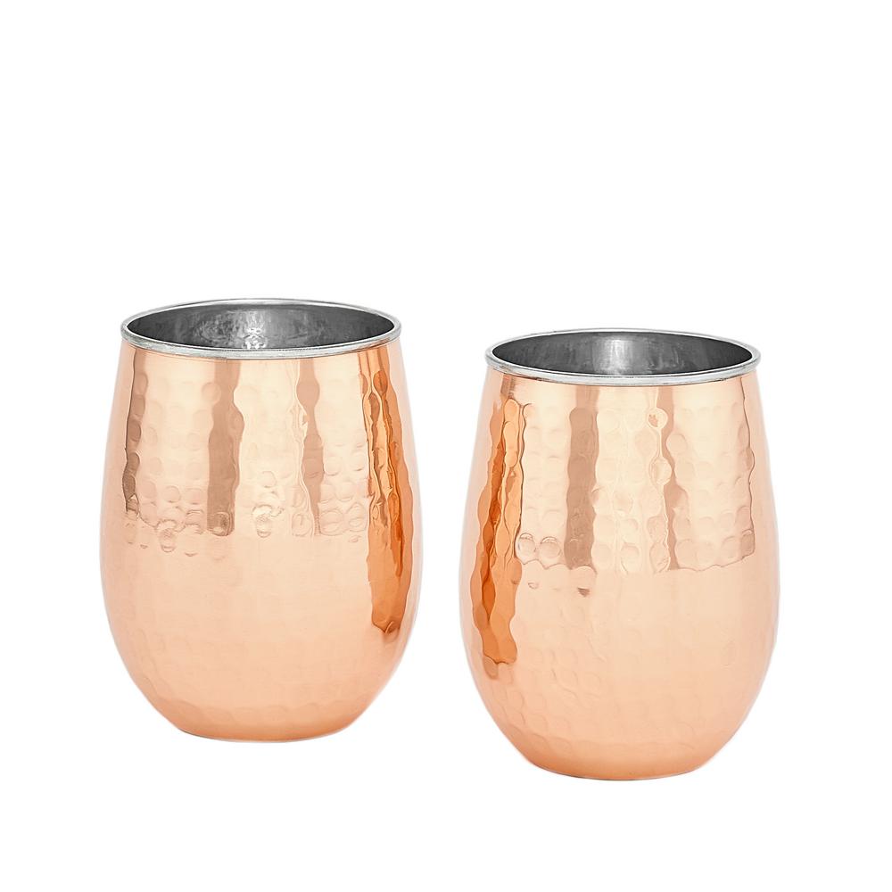 2p497h 17 Oz Two-ply Stemless Wine Glasses Hammered - Solid Copper & Stainless Steel Set Of 2