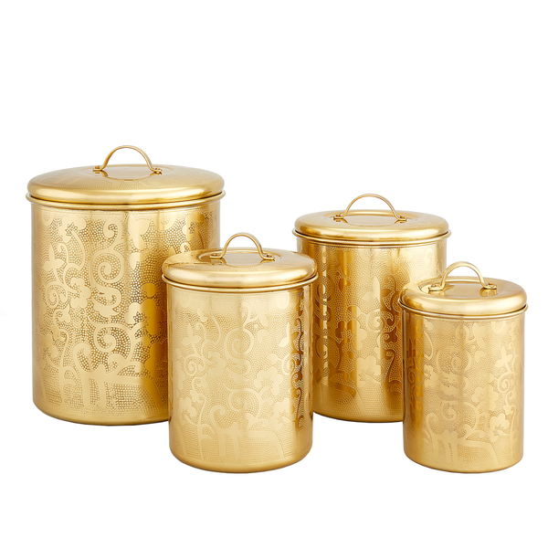 1392cc 4 Pc. Avignon Champagne Tone Etched Canister Set