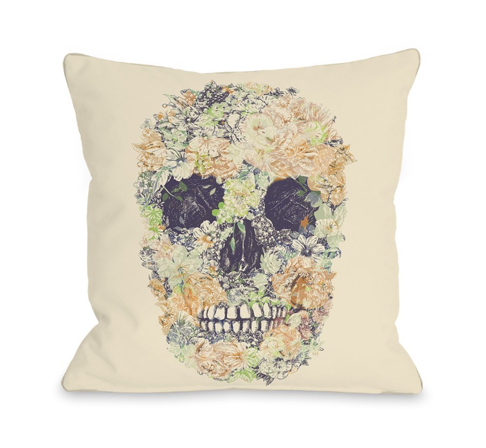 73475cses Dia Muertos Skull Flowers Single Standard Pillow Case, Cream & Multicolor