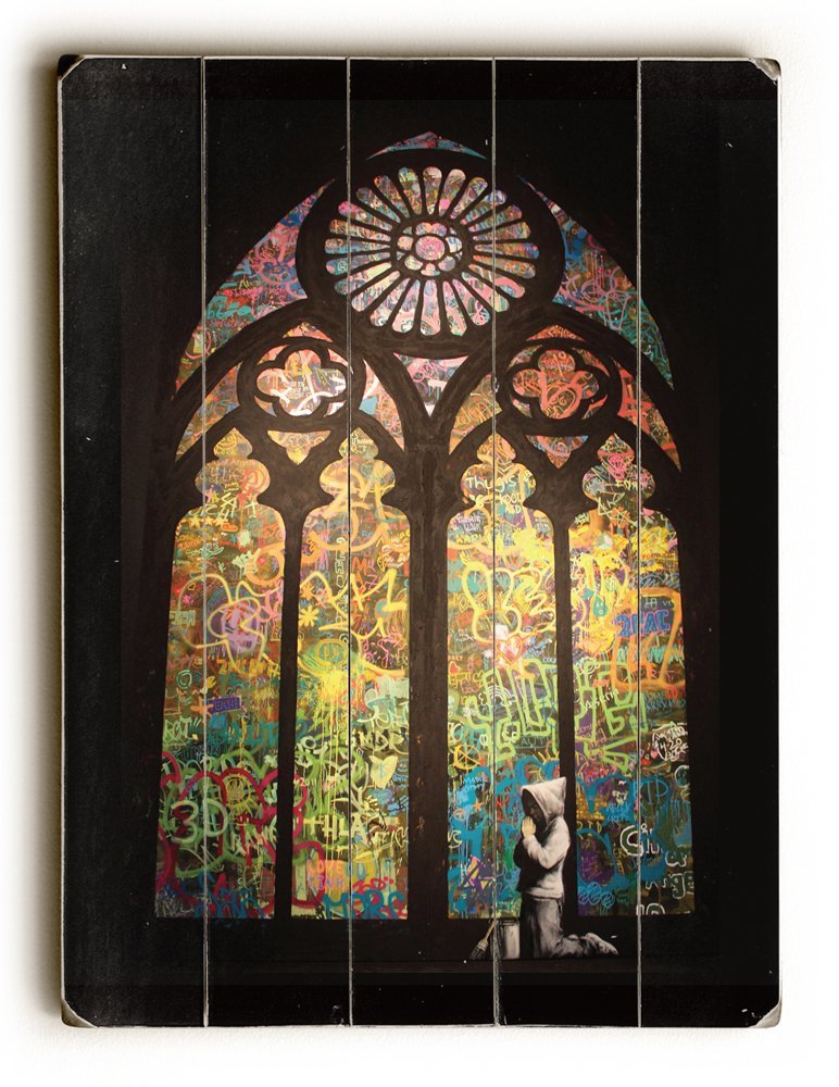 30 X 40 In. Stained Glass Planked Wood Wall Decor By Banksy, Multicolor
