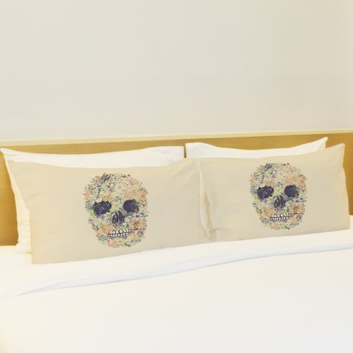 73475cse Dia Muertos Skull Flowers 2 Pillow Case - Cream & Multicolor, Set Of 2