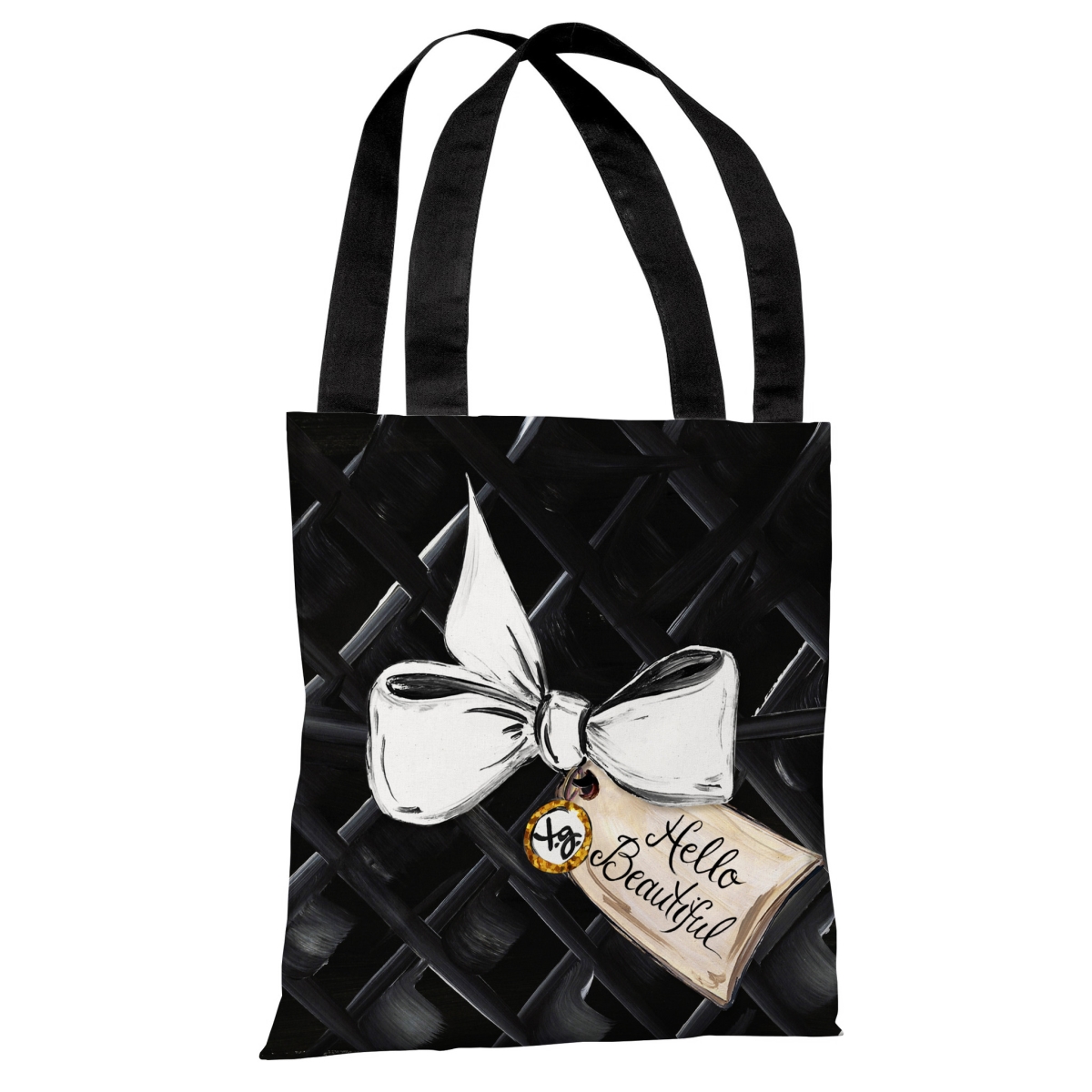 73059tt18p 18 In. Hello Beautiful Bow & Gold Glitter Polyester Tote Bag By Timree Gold - Black, White