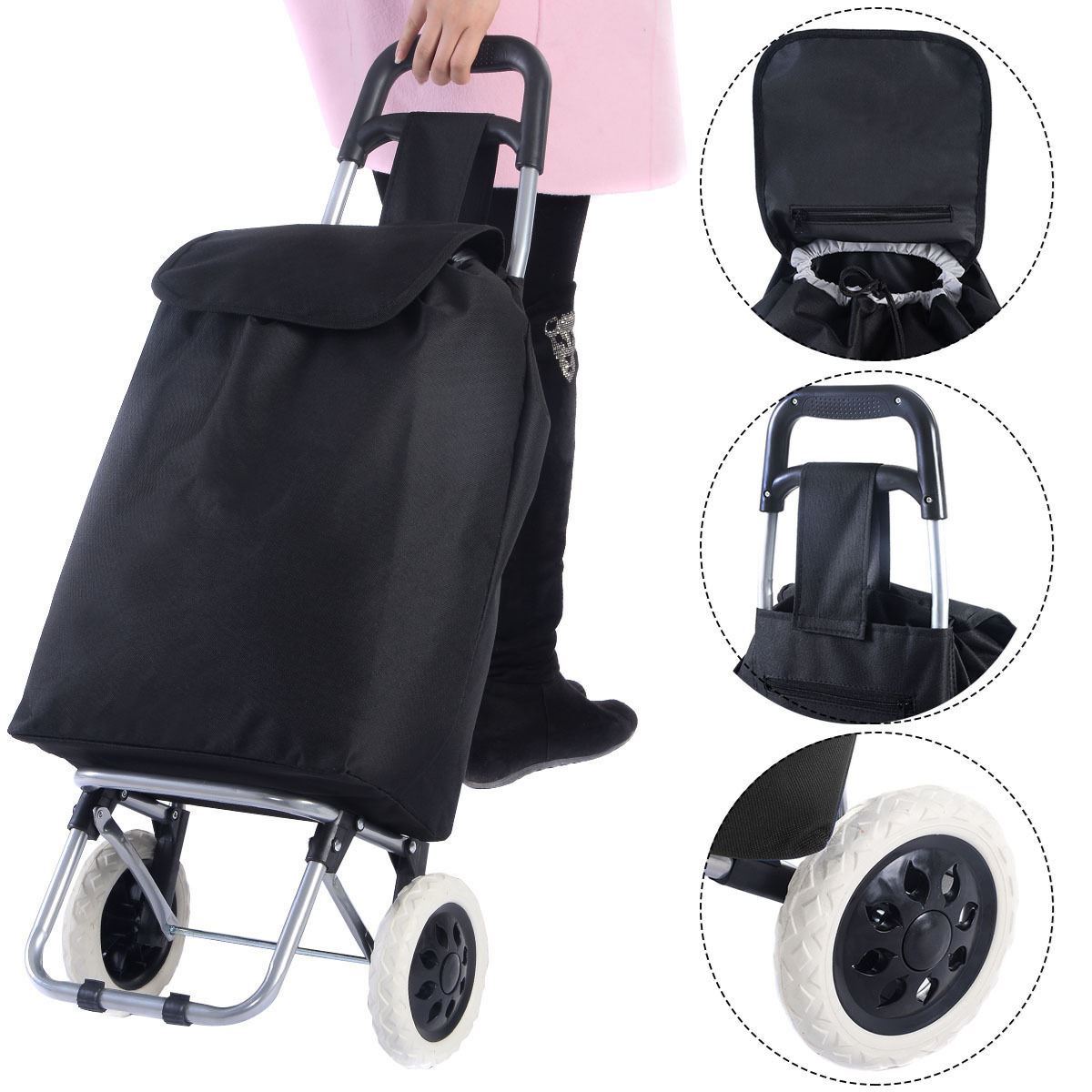 Online Gym Shop Cb16954 7 X 13 X 31 In. Wheeled Shopping Trolley Push Cart Bag Large Capacity Light Weight, Black