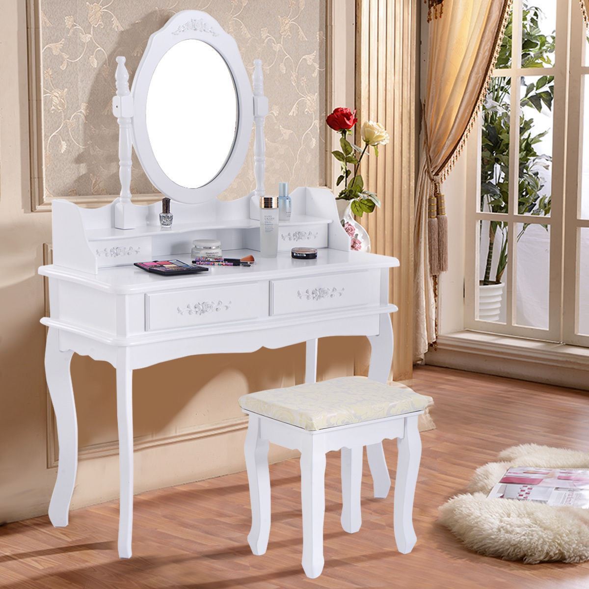 Cb17005 Jewelry Makeup Wood Table Set With A Stool 4 Drawer Mirror