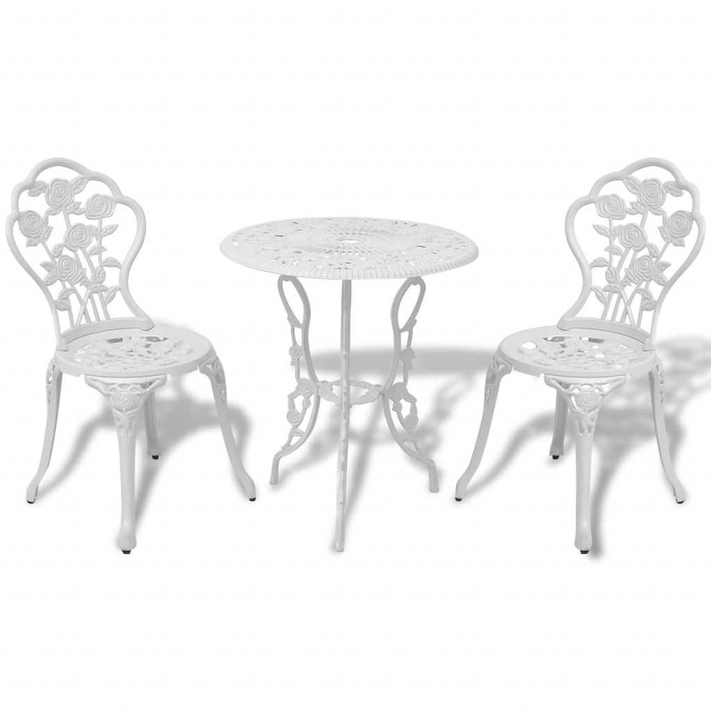 Outdoor Patio Furniture Bistro Set Antique Rose Design Cast Aluminum, White