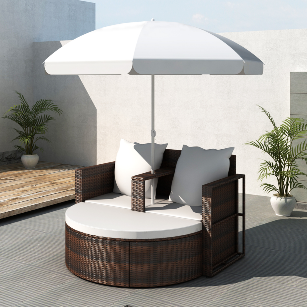 Cb18543 Outdoor Furniture Lounge Set With Parasol Poly Rattan - Brown