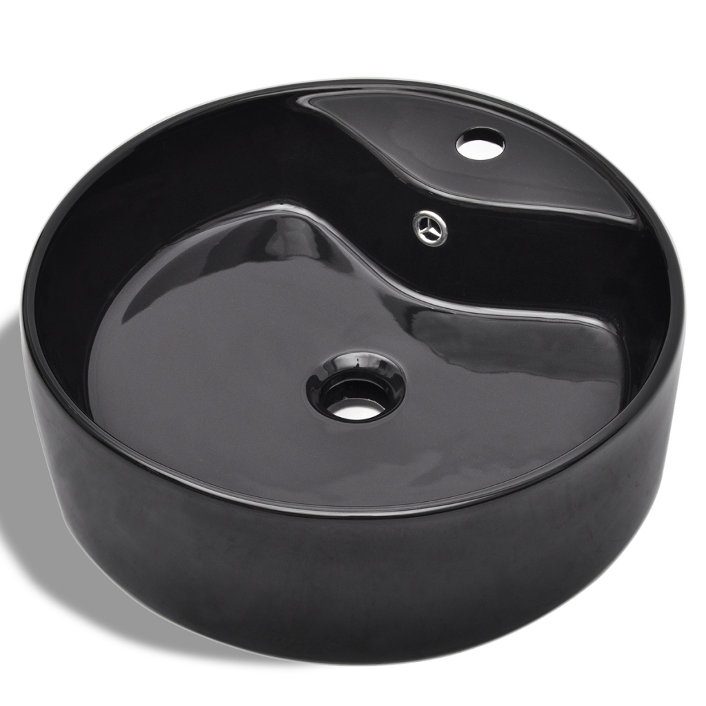 Cb19328 Bathroom Sink Basin Faucet & Overflow Hole Ceramic Black Round - 18.3 X 6.1 In.