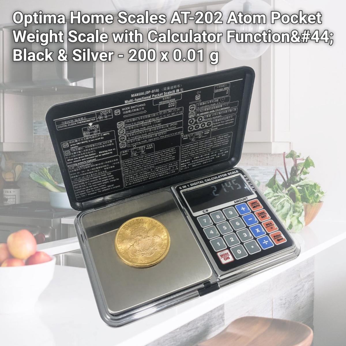 Picture of Optima Home Scales AT-202 Atom Pocket Weight Scale with Calculator Function, Black & Silver - 200 x 0.01 g
