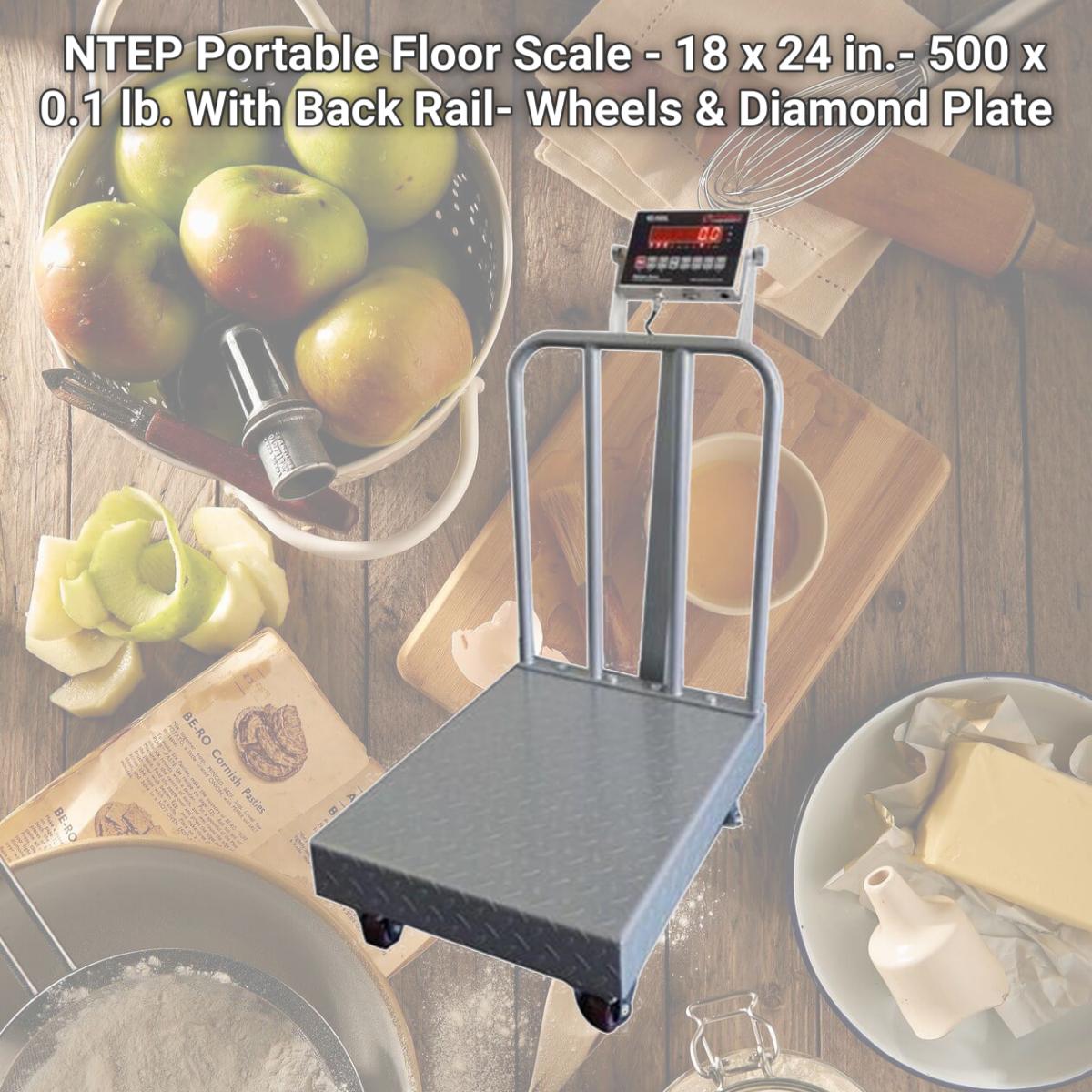 Picture of Optima Scales OP-915BWDP-1824-500 NTEP Portable Floor Scale - 18 x 24 in.- 500 x 0.1 lb. With Back Rail- Wheels & Diamond Plate