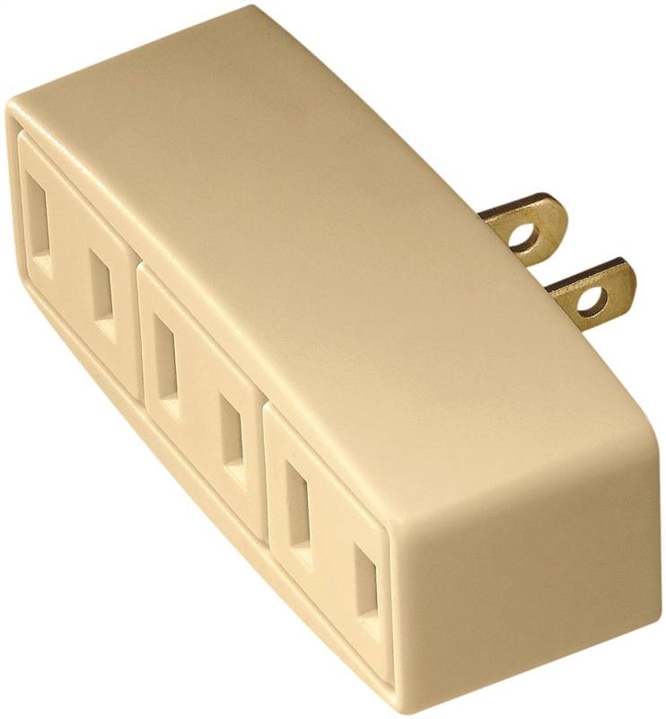 Ivory Plastic Non-grounding Cube Outlet Adapter, 125v, 3 Outlet, 2 Wire