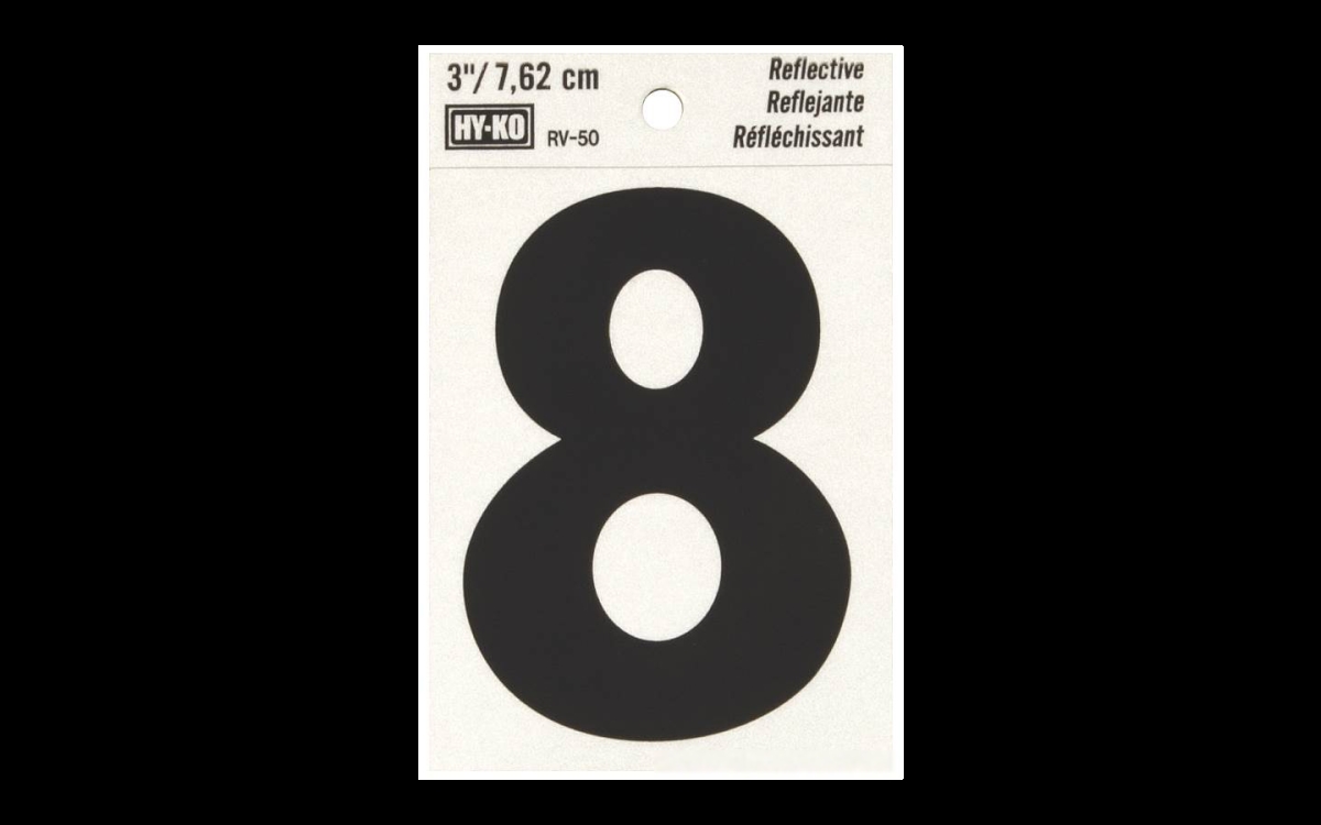 Hy-ko Products 200733 3 In. Bend & Peel Silver Reflective Vinyl House Number 8, Black
