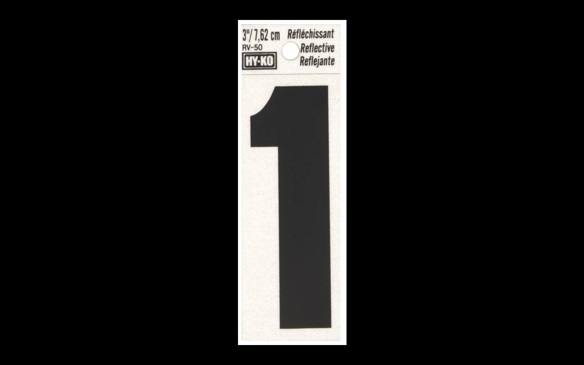 Hy-ko Products 200410 3 In. Bend & Peel Silver Reflective Vinyl House Number 1, Black