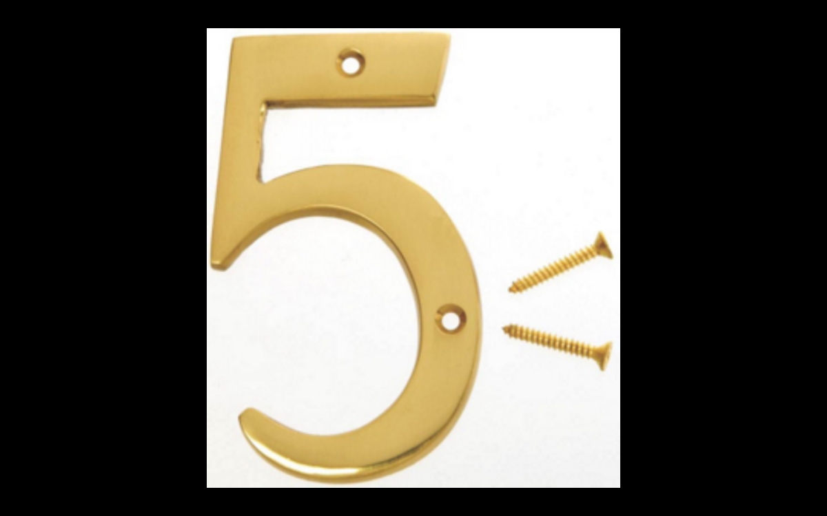Hy-ko Products 251165 4 In. Solid Brass Dimensional Polished House Number 5, Brass