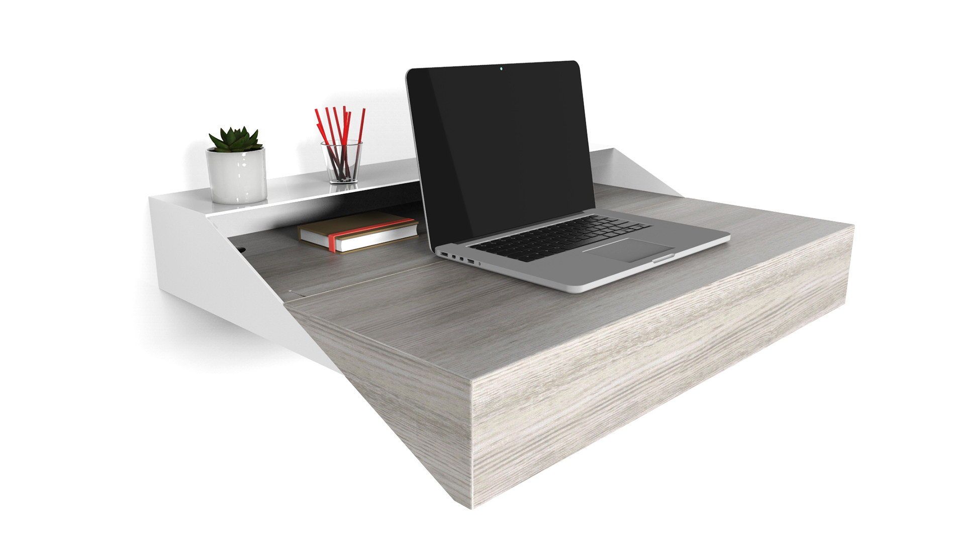 Xin-wd-wht-gray Wall Mounted Hideaway Desk With Expanding Top Enclosure - White Metal & Gray Wood - 31.5 X 17.25 X 5 In.