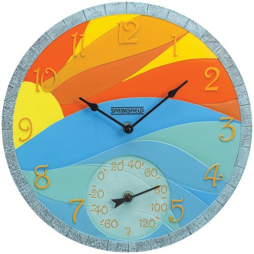UPC 077784029008 product image for Springfield 92672 14 in. Poly Resin Wall Clock with Thermometer - Sunrise | upcitemdb.com