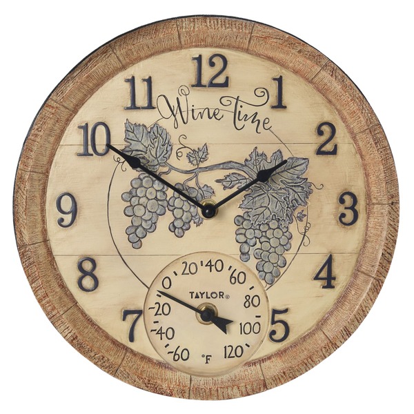 Taylor Precision Products 14-inch Poly Resin Time Clock with Thermometer in Wine Time Pattern