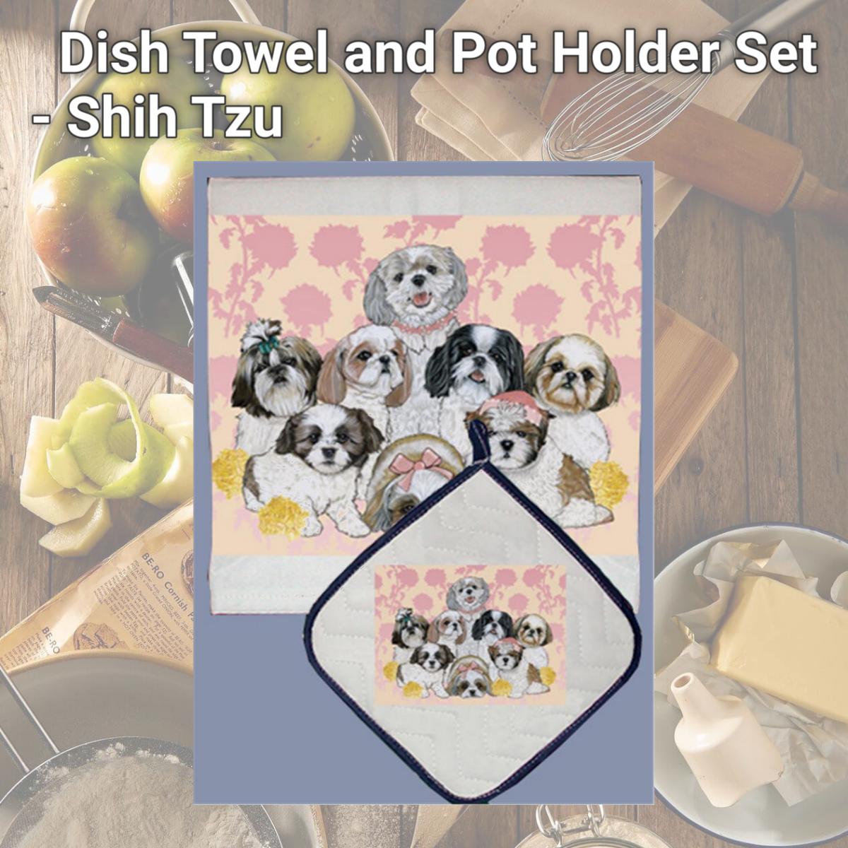 Picture of Pipsqueak Productions DP538 Dish Towel and Pot Holder Set - Shih Tzu