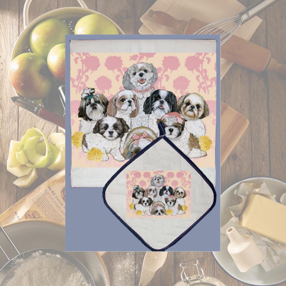 Picture of Pipsqueak Productions DP538 Dish Towel and Pot Holder Set - Shih Tzu
