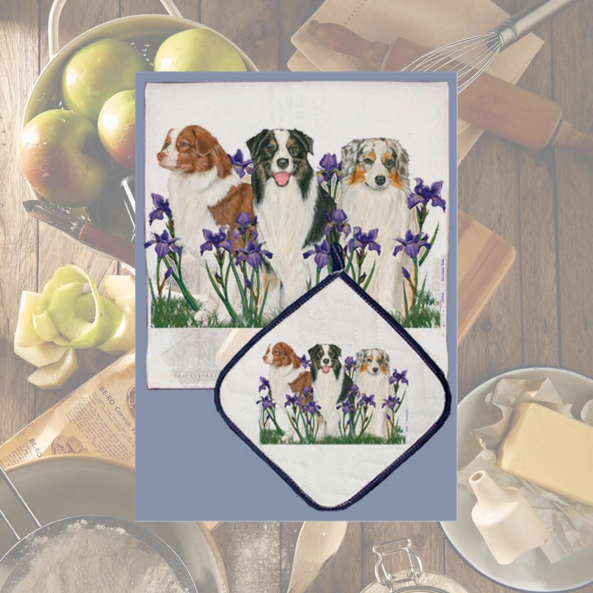 Picture of Pipsqueak Productions DP586 Dish Towel and Pot Holder Set - Australian Shepherd