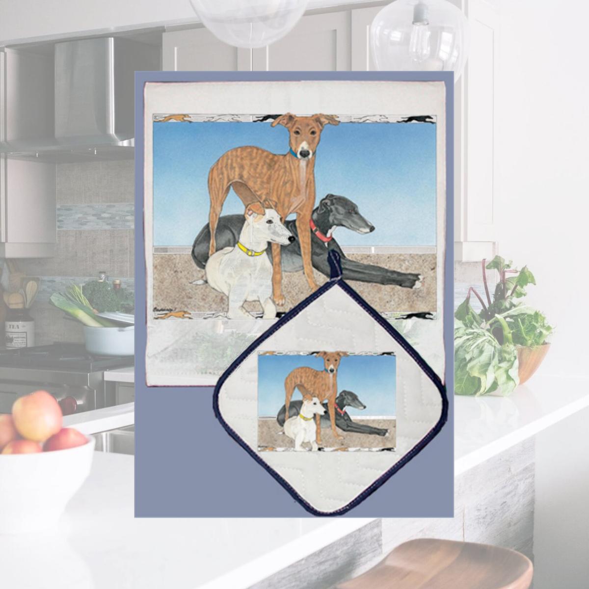 Picture of Pipsqueak Productions DP867 Dish Towel and Pot Holder Set - Greyhound Trio