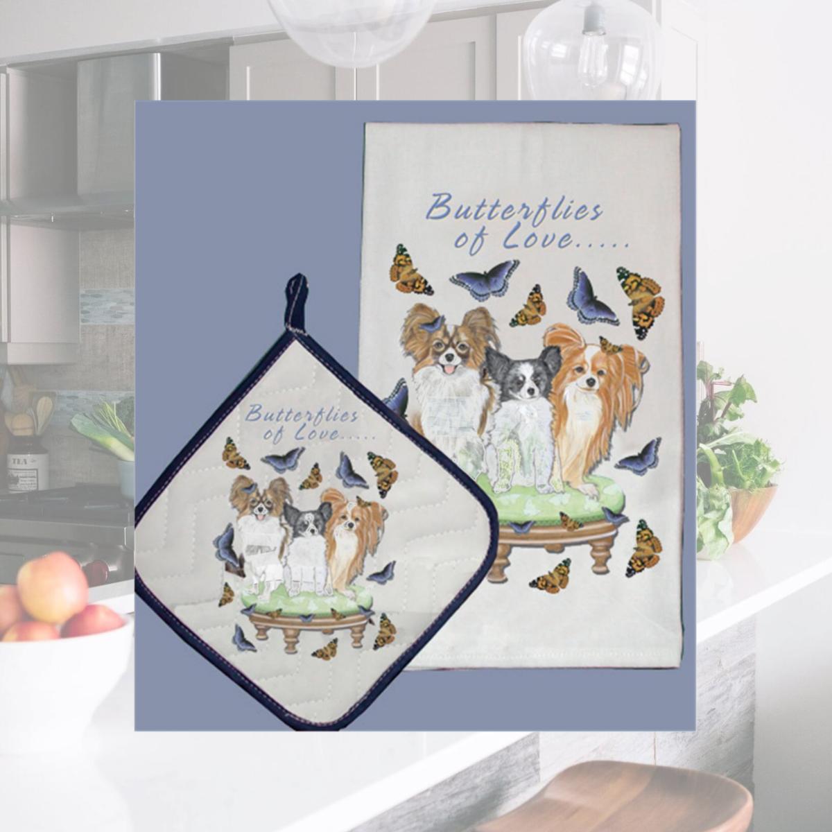 Picture of Pipsqueak Productions DP986 Dish Towel and Pot Holder Set - Papillon