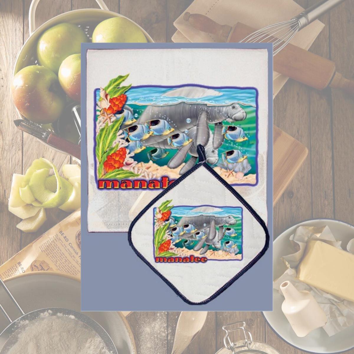 Picture of Pipsqueak Productions DP814 Manatee Dish Towel And Pot Holder Set