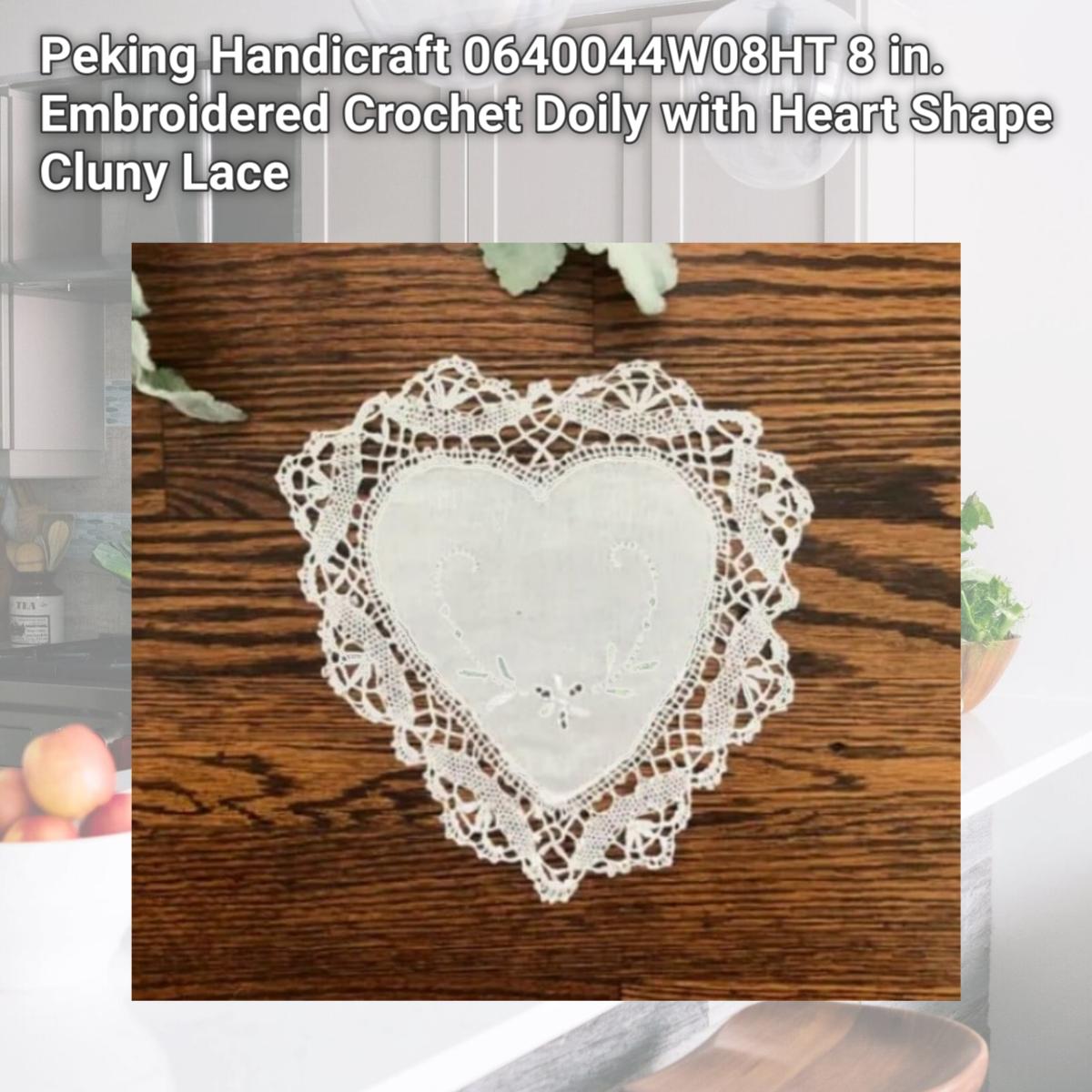Picture of Peking Handicraft 0640044W08HT 8 in. Embroidered Crochet Doily with Heart Shape Cluny Lace