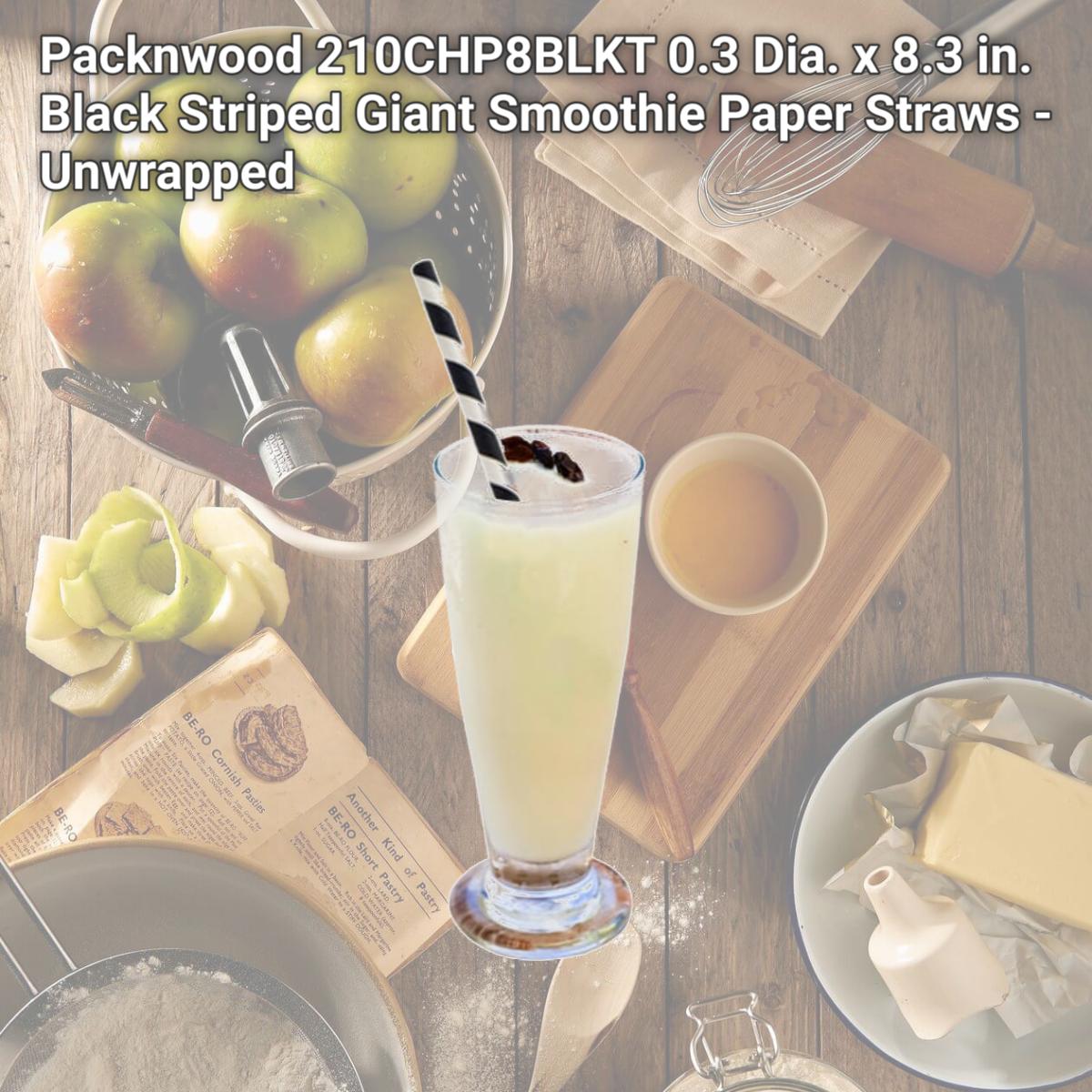Picture of Packnwood 210CHP8BLKT 0.3 Dia. x 8.3 in. Black Striped Giant Smoothie Paper Straws - Unwrapped