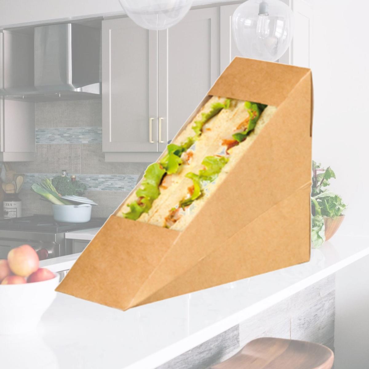 Picture of Packnwood 209KCK5212 Kraft Sandwich Wedge Box with Window - 4.84 x 2.05 x 4.84 in.
