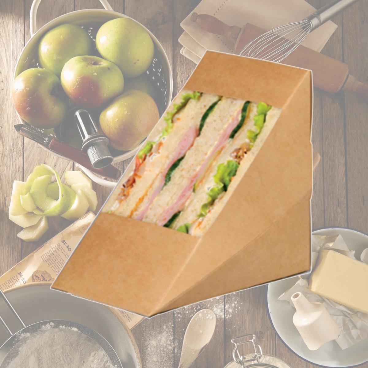 Picture of Packnwood 209KCK8512 Kraft Triple Sandwich Wedge Box with Window - 4.8 x 3.2 x 4.8 in.